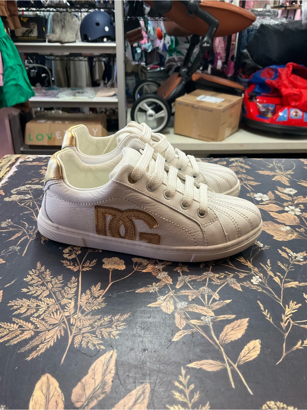 Dolce & Gabbana White and Gold Kids Leather Sneakers